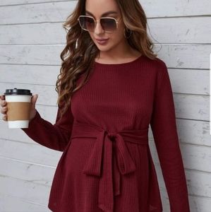 M waffle Long sleeve tie front top (wine red/burgundy) SheIn